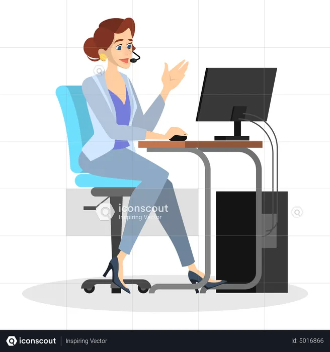 Belle assistante travaillant sur ordinateur alors qu'elle était assise au bureau  Illustration