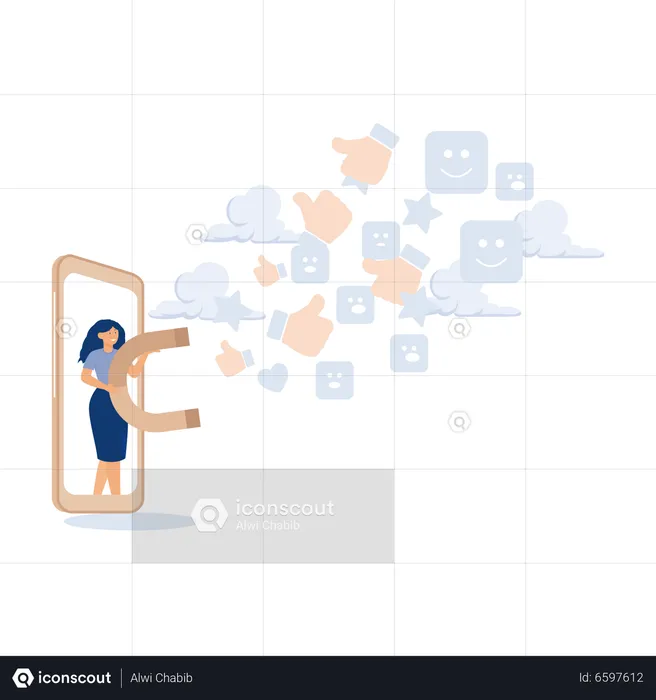 Belle dame attirant les interactions sur les réseaux sociaux avec un aimant  Illustration