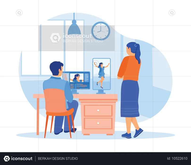 Belle directrice artistique en consultation avec un collègue monteur vidéo masculin  Illustration