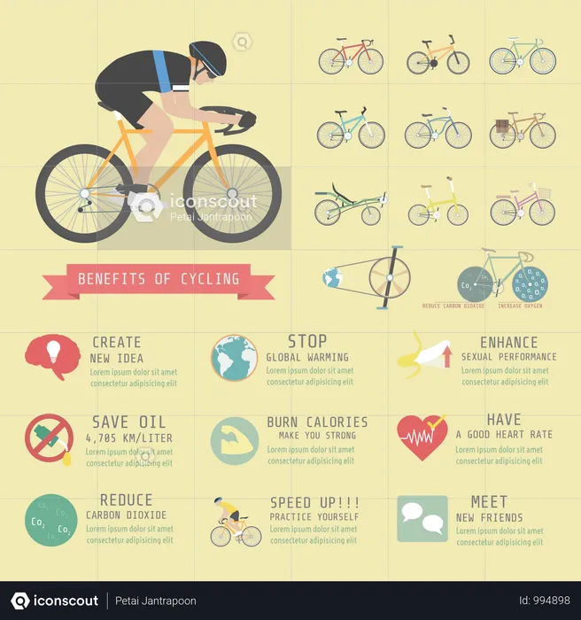 Benefits Of Cycling Bicycle, Infographic  Illustration