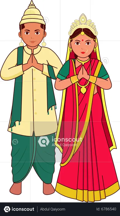 Bengali Wedding Couple Greeting Namaste  Illustration