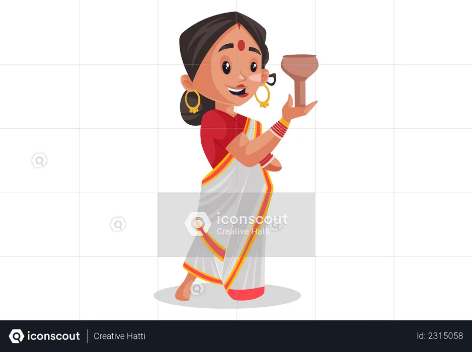 Bengali woman holding lamp for worship of Goddess Durga  Illustration