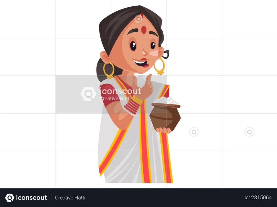 Bengali woman holding rasgulla pot in hand and eating rasgulla  Illustration