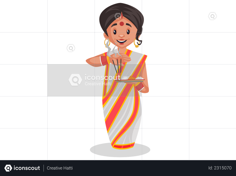 Bengali woman is holding worship plate in hand Illustration
