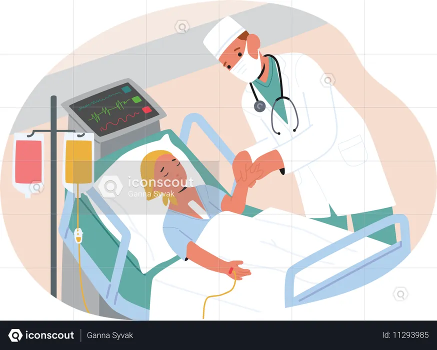 Besorgter Arzt fühlt Puls am Handgelenk und prüft Lebenszeichen bei kleinem Krebspatienten  Illustration