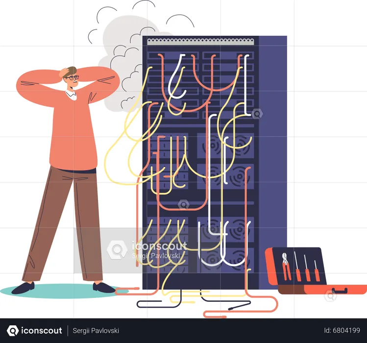 Besorgter Sysadmin schaut auf brennenden Computerserver  Illustration