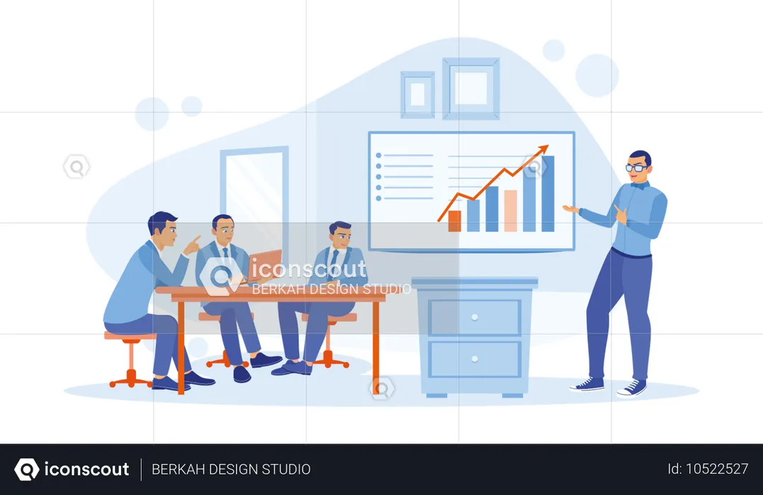 Betriebsleiter des Unternehmens hält Präsentation mit Mitarbeitern und Führungskräften im Büro  Illustration