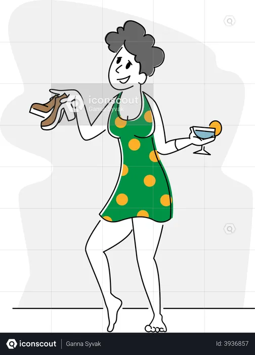 Betrunkene Frau hält Glas und Schuhe in den Händen  Illustration