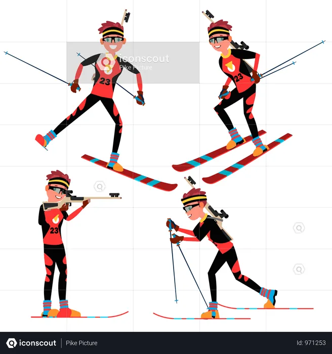 Biathlon Male Player Vector. In Action. Sportsman In Ski Biathlon Competition. Sporting Equipment. Cartoon Character Illustration  Illustration