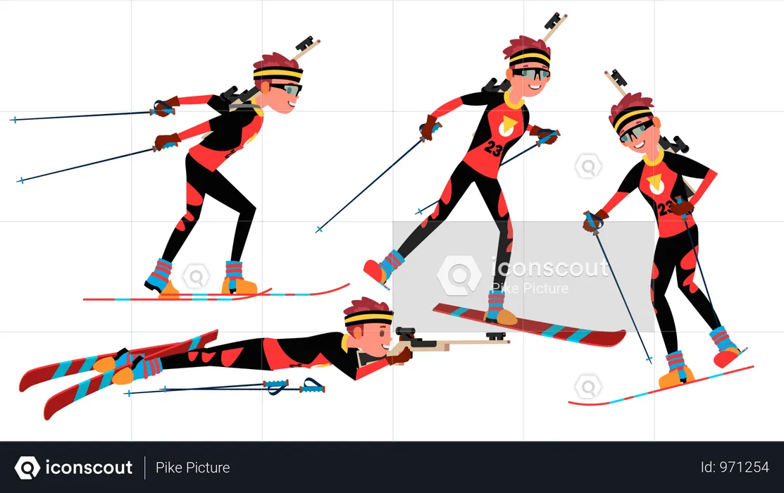 Biathlon Male Player Vector. Playing In Different Poses. Man Athlete. Rifle Gun. Participant In Competition. Shooting. Isolated On White Cartoon Character Illustration  Illustration
