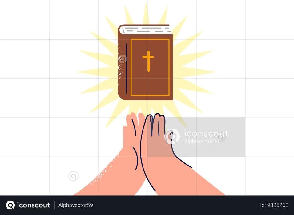 Bible near hands of praying man  Illustration