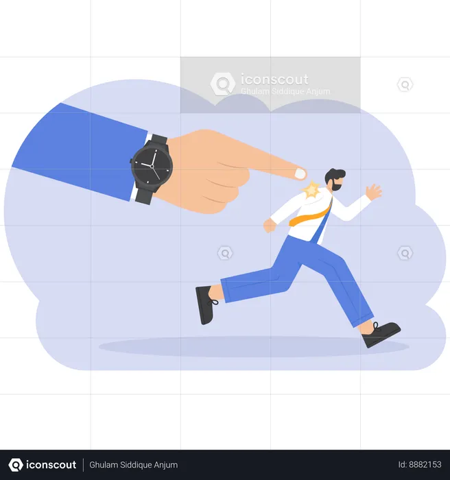 Big boss hand with watch showing with stressed businessman hurrying up  Illustration