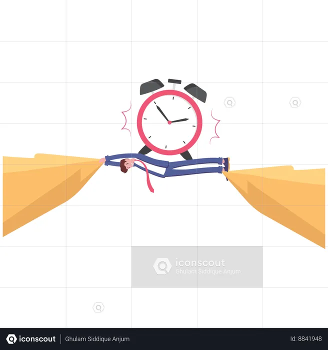 Big burden of time on businessman who laying down across the cliff  Illustration