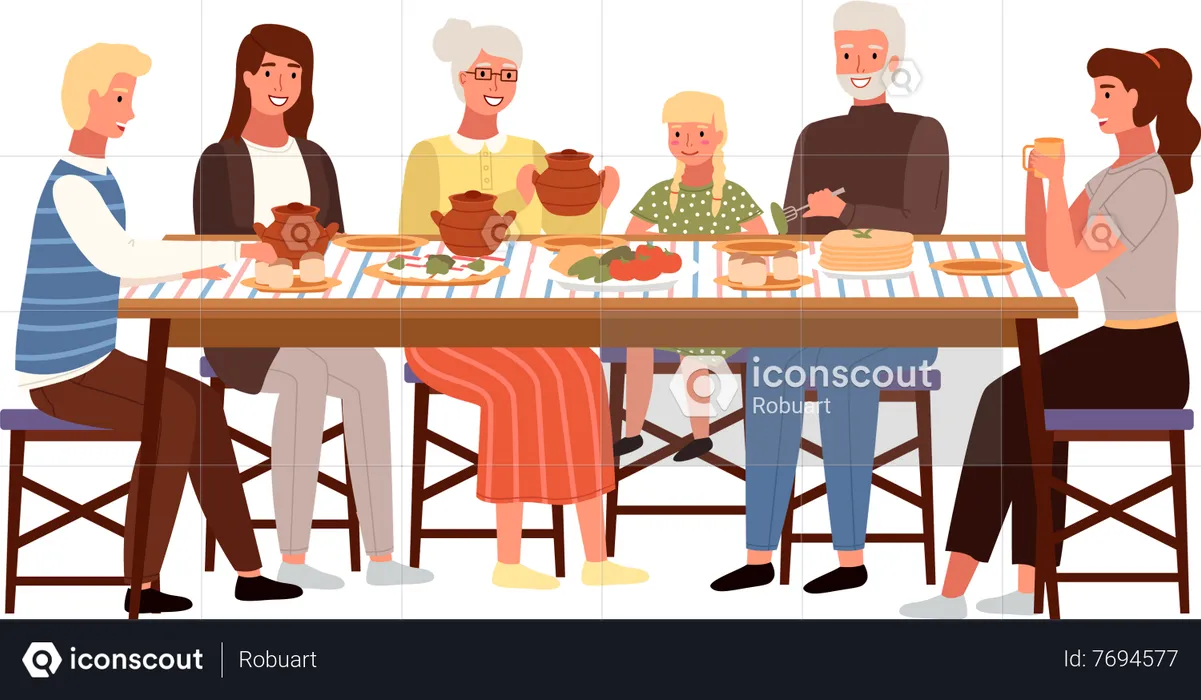 Big family eating ukrainian food  Illustration