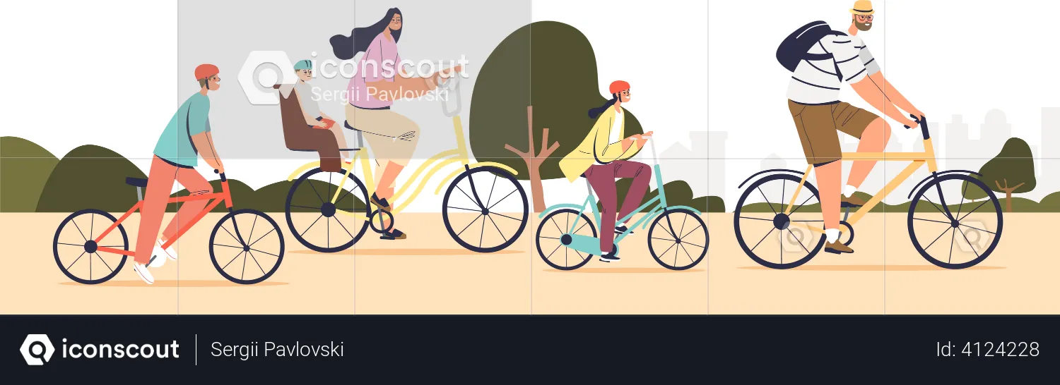 Big family riding bikes together  Illustration