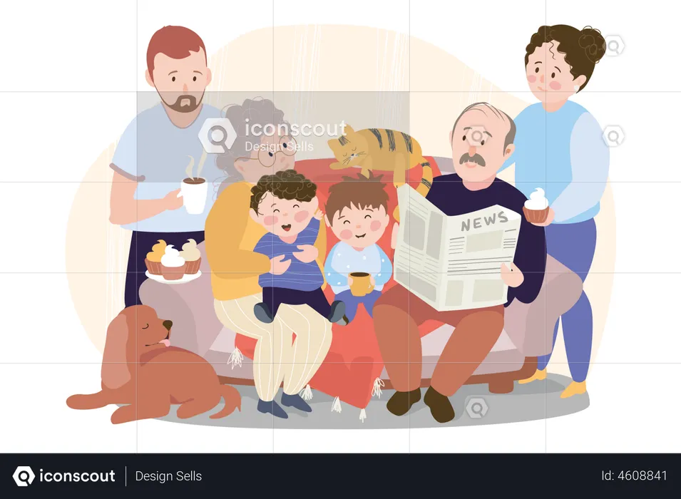 Big family sitting on sofa  Illustration