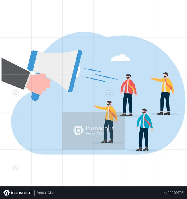 Big hand holding megaphone while doing job announcement  Illustration