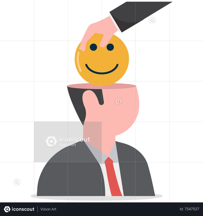 Big hand places a smiling face in a human brain stock or big head  Illustration