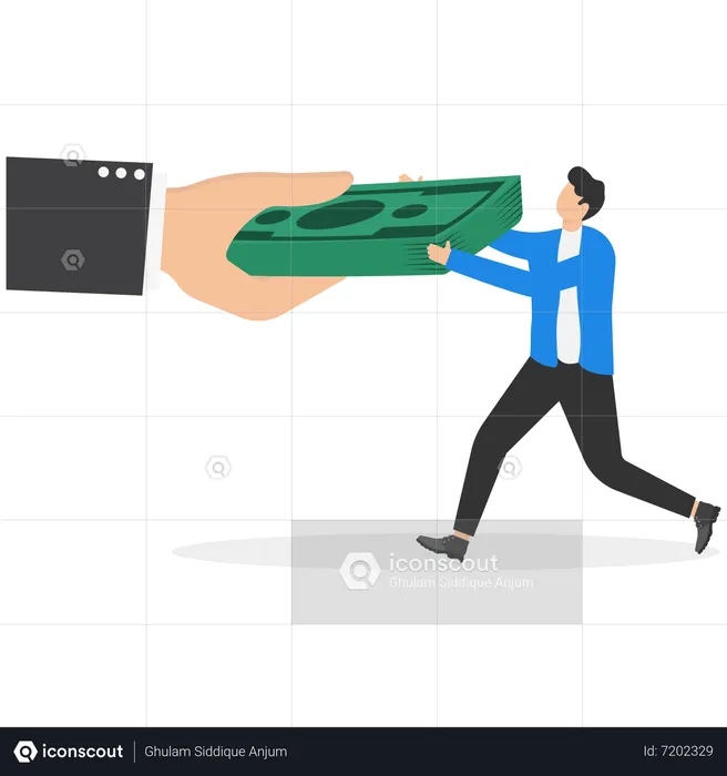 Big hand pulling money banknote tug of war with small businessman  Illustration