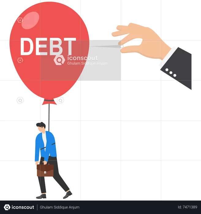 Big hand pushes the needle to pop the orange balloon with word DEBT  Illustration