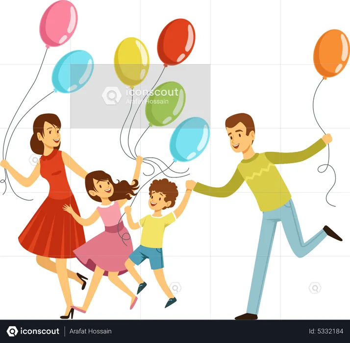 Big happy family running with balloon  Illustration