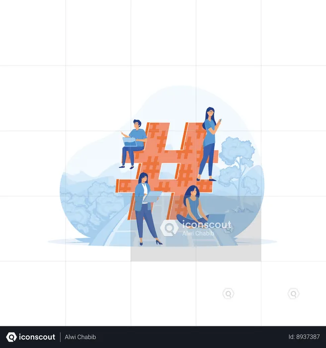 Big hashtag symbol with people using laptop for sending posts and sharing them in social media Logo Illustration