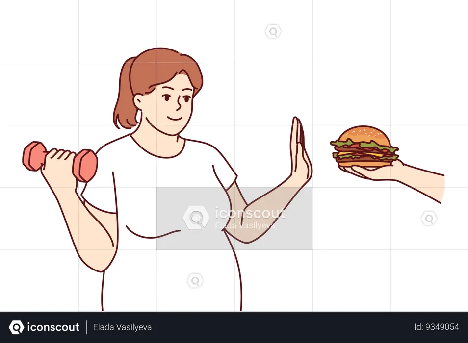 Big size woman goes on diet trying to get rid excess weight giving up burger and lifting dumbbell  Illustration