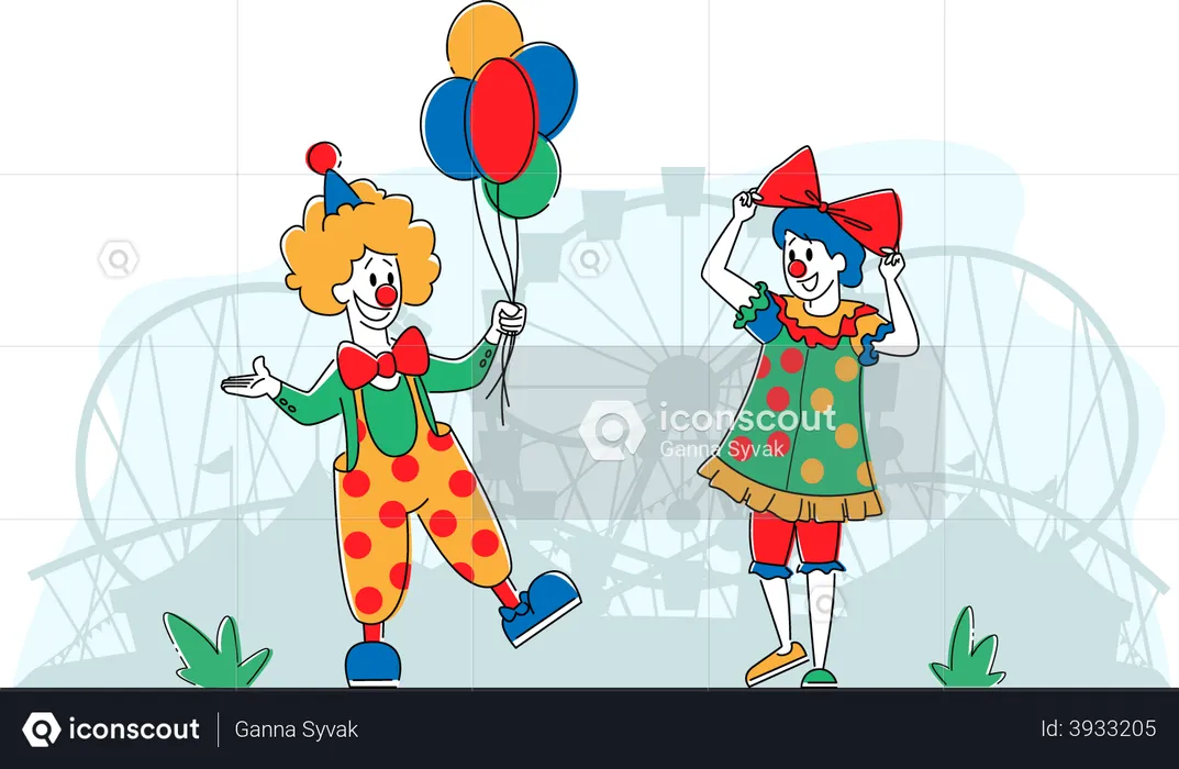 Big Top Smiling Joker Male and Female with Balloons  Illustration