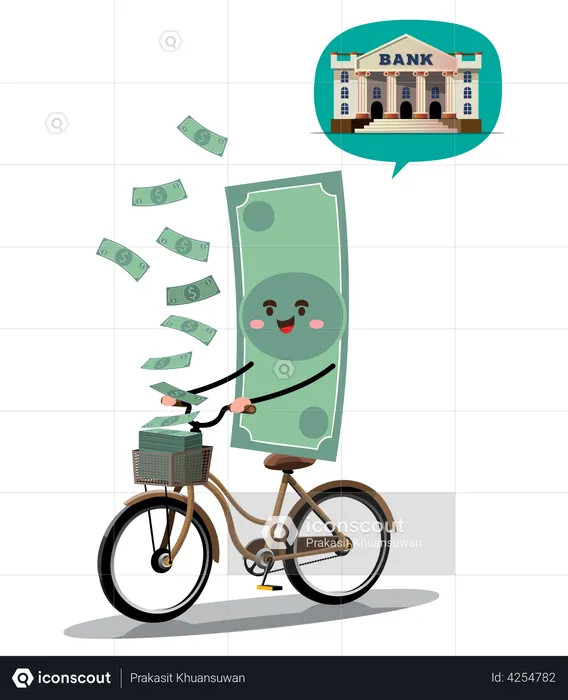 Nota de dinero andar en bicicleta hacia el banco  Ilustración