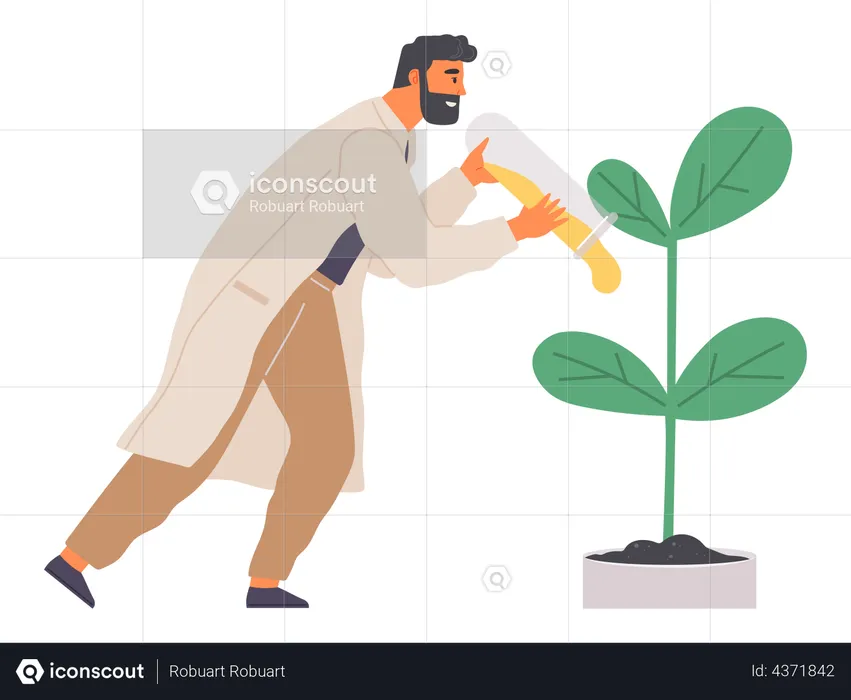 Biologist conducting experiment with plant in test tube  Illustration