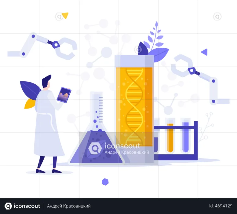 Biologist Looking At Dna Molecule  Illustration