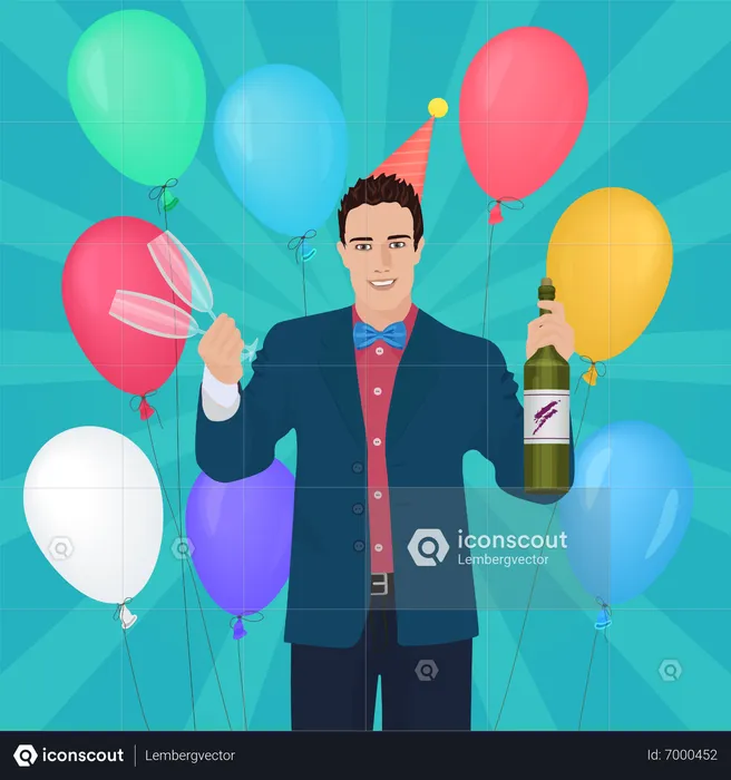 Birthday boy holding champagne bottle  Illustration