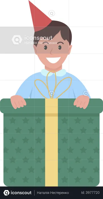 Birthday boy with large gift box  Illustration