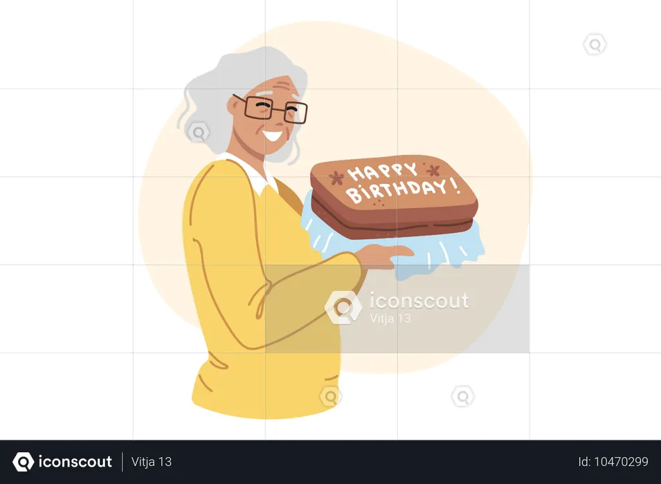 Birthday cake in hands of happy elderly woman celebrating centenary and rejoicing in congratulations  Illustration