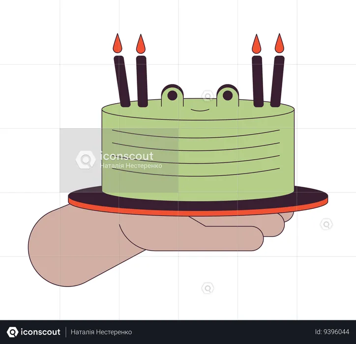 Birthday cake with frog face holding  Illustration