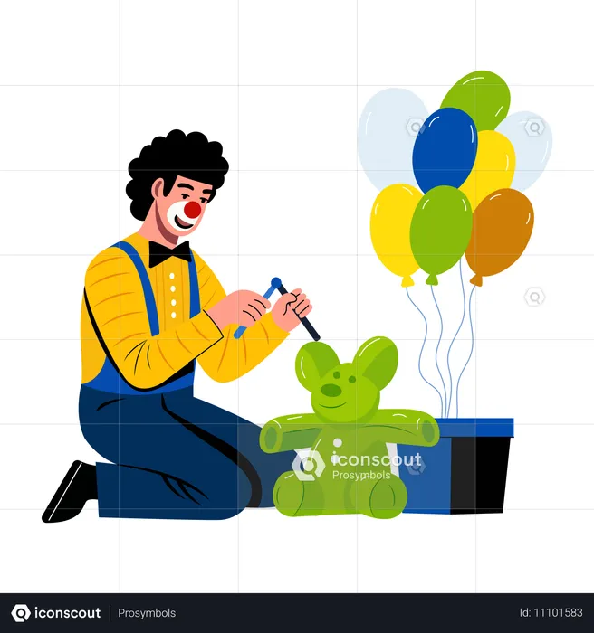 Birthday clown with a teddy and birthday gifts  Illustration