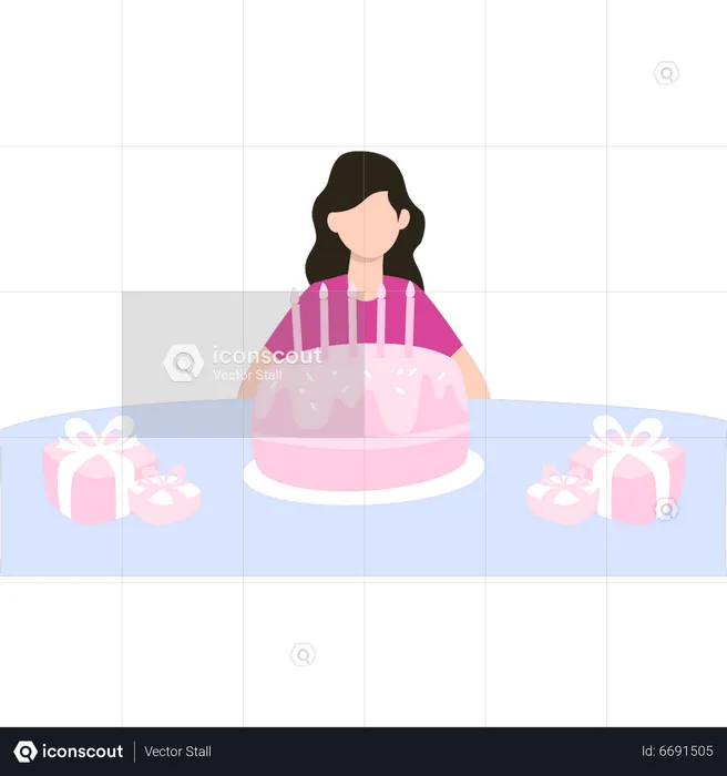 Birthday girl sitting with cake  Illustration