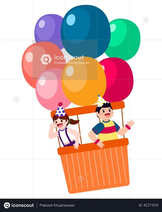 Birthday kids sitting in flying balloon  Illustration