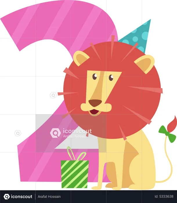 Birthday number with lion and gift box  Illustration