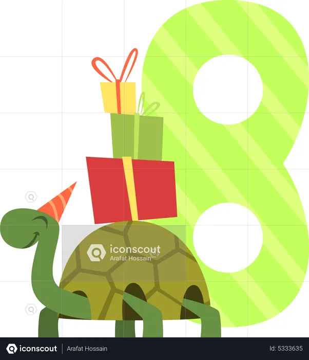 Birthday number with turtle and gift box  Illustration