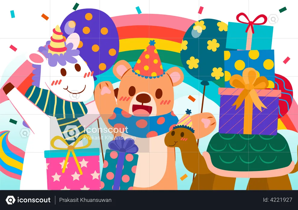 Birthday teddy and unicorn decoration  Illustration
