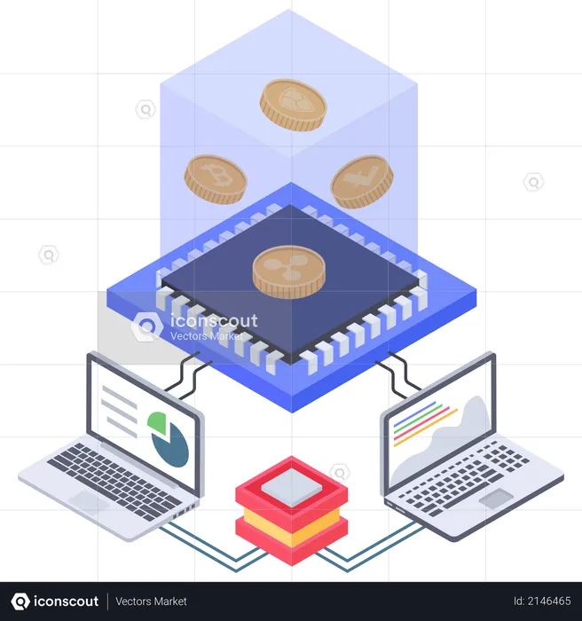 Bitcoin creating processor and server connectivity  Illustration