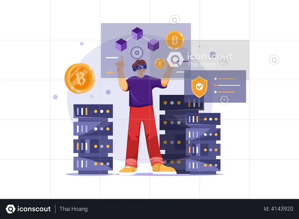 Extraction de bitcoins en utilisant la réalité virtuelle  Illustration