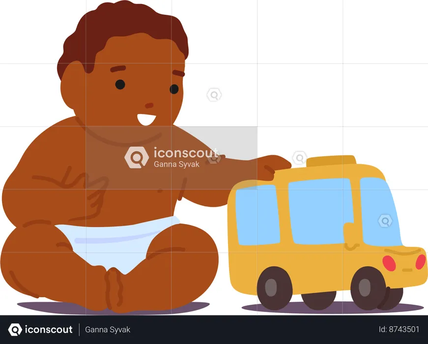 Black Baby Playing With Toy Car  Illustration
