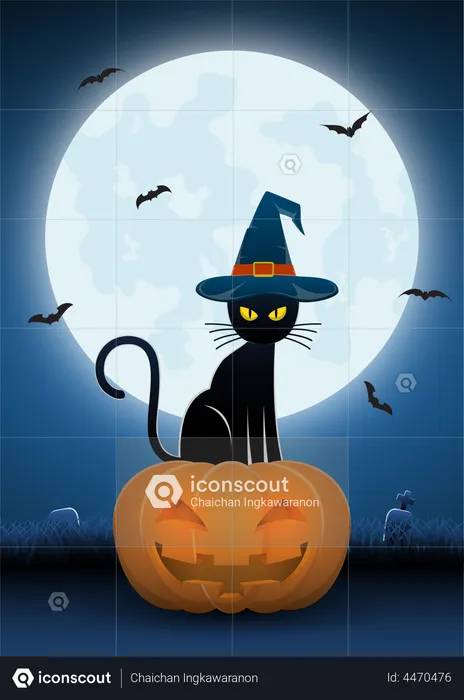 Black cat wearing witches hat sit on pumpkin  Illustration