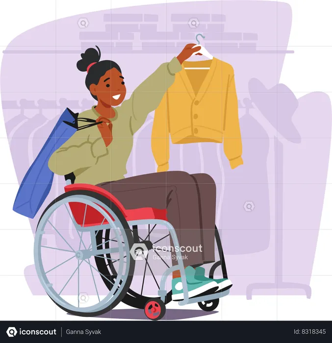 Black Female In Wheelchair Gracefully Selects Stylish Clothing In Store  Illustration