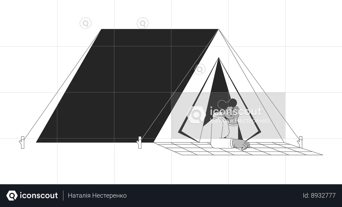 Black girl lying at camping tent  Illustration