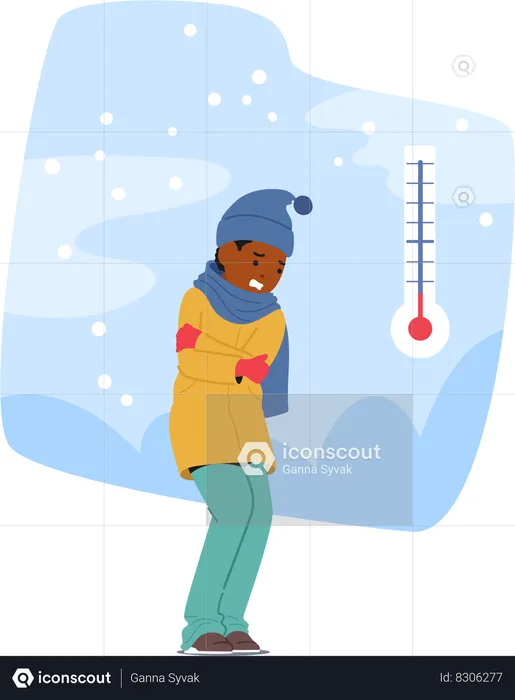 Black Little Boy Character Shivered In The Biting Cold  Illustration