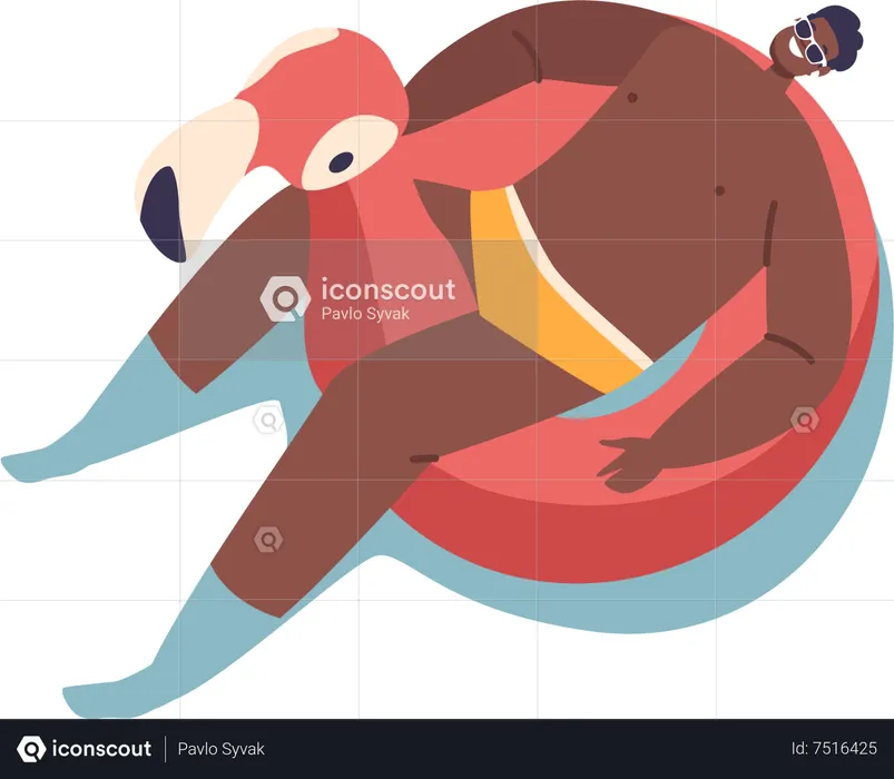 Black Male Floating on Inflatable Ring in Shape of Flamingo  Illustration