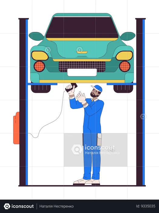 Black man mechanic repairing car on elevator  Illustration